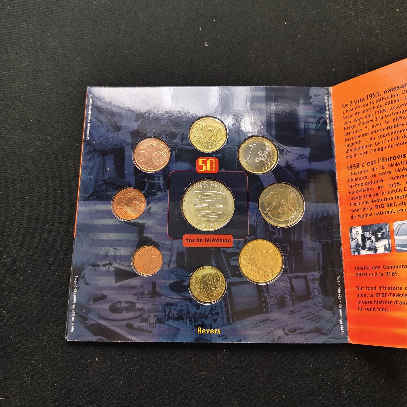 【全场包邮】纯粹捡漏拍479场（免费代拍第16场） 比利时2003年电视50周年主题官方欧元卡装年度流通套币-含纪念章
