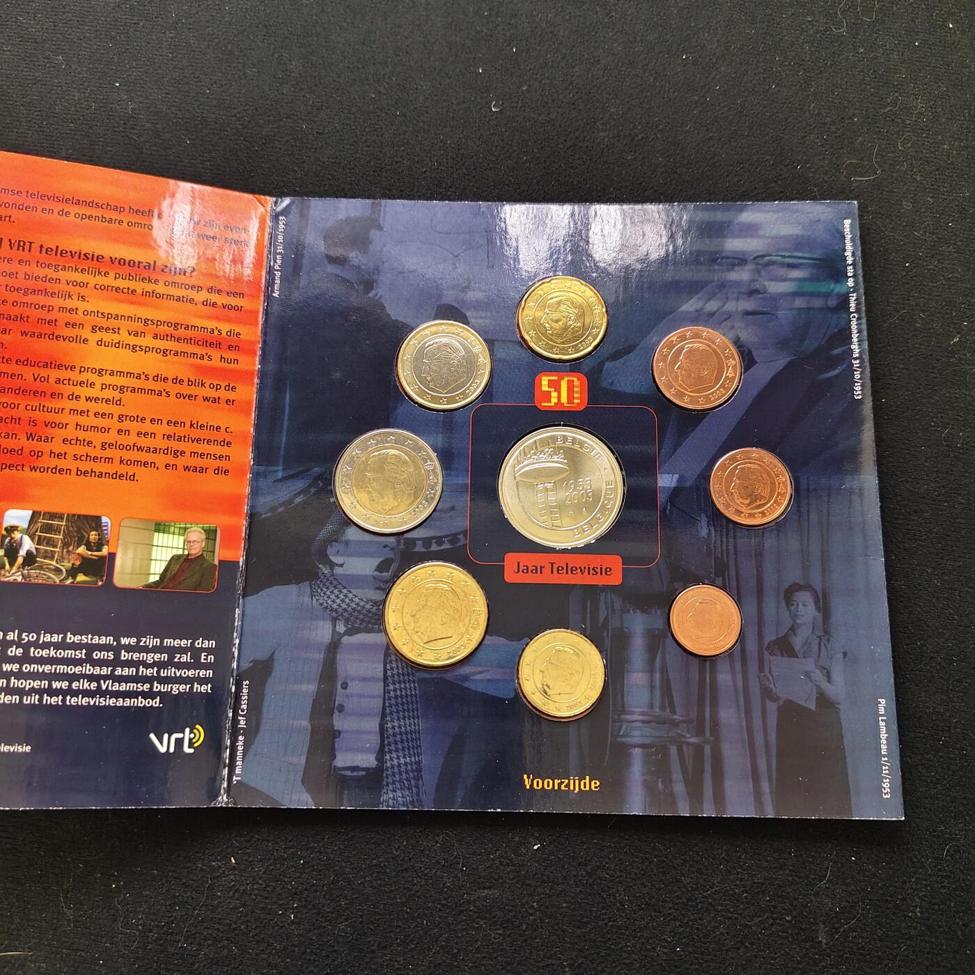 【全场包邮】纯粹捡漏拍479场（免费代拍第16场） 比利时2003年电视50周年主题官方欧元卡装年度流通套币-含纪念章