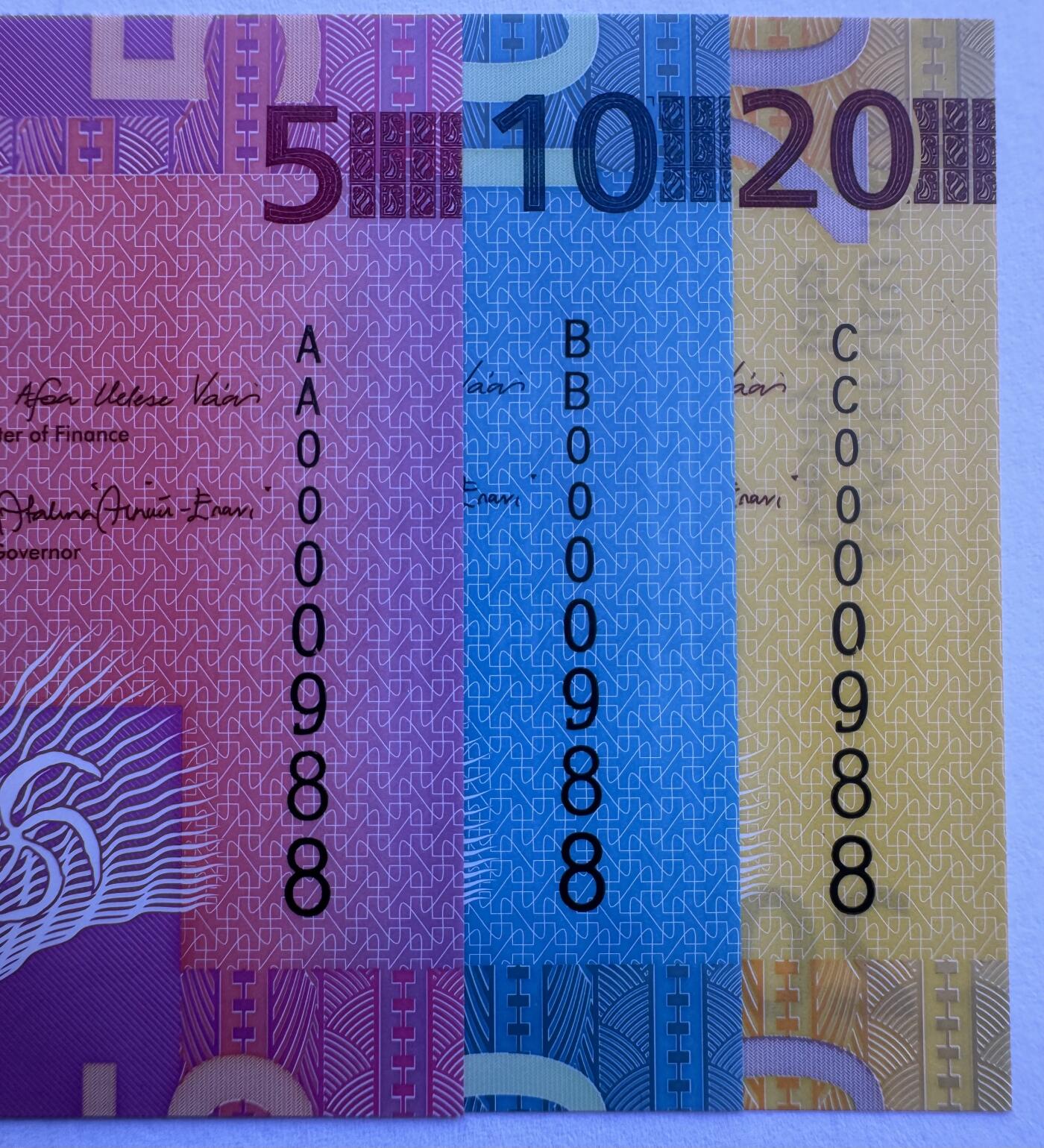 2025第25场（总第225期）：精品测试钞、纪念钞、塑料钞、连体钞综合场 首发百位小号/全同倒置号0000988 萨摩亚2023年版5、10、20塔拉塑料钞一组3枚UNC