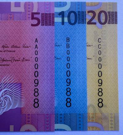 2025第25场（总第225期）：精品测试钞、纪念钞、塑料钞、连体钞综合场 - 首发百位小号/全同倒置号0000988 萨摩亚2023年版5、10、20塔拉塑料钞一组3枚UNC