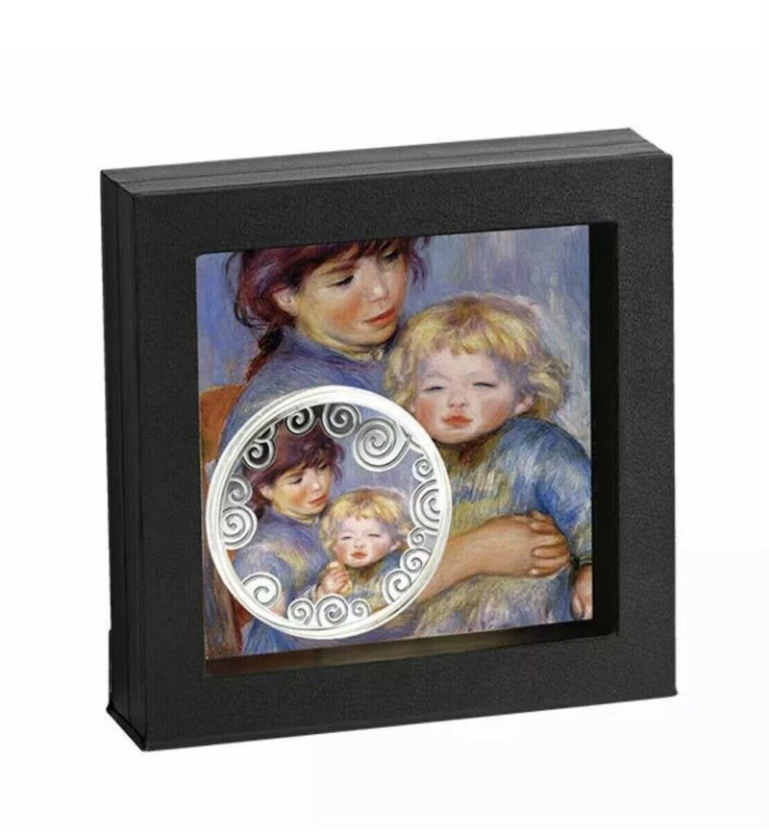 ❤️【币观天下】❤️ 第331期钱币拍卖- 2025.11.21周五晚上6点半场-长期征集拍品 【龙头币】喀麦隆2019年, “艺术中的爱”名画系列(1)-雷诺阿印象派超级名画《母爱》(《拿饼干的婴儿》), 1盎司加大(直径达50mm)双面彩色精制银币. 盒证全. 龙头币(系列第一枚). 此画被誉为“越欣赏越迷人”的画. 国外售价189美元