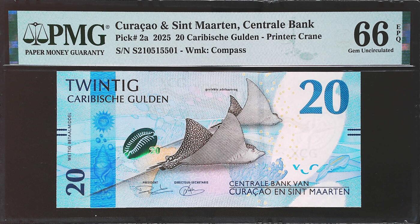 世界靓号纸钞第七十八期 2025年库拉索20盾 全程无347 PMG66 高颜值的一张