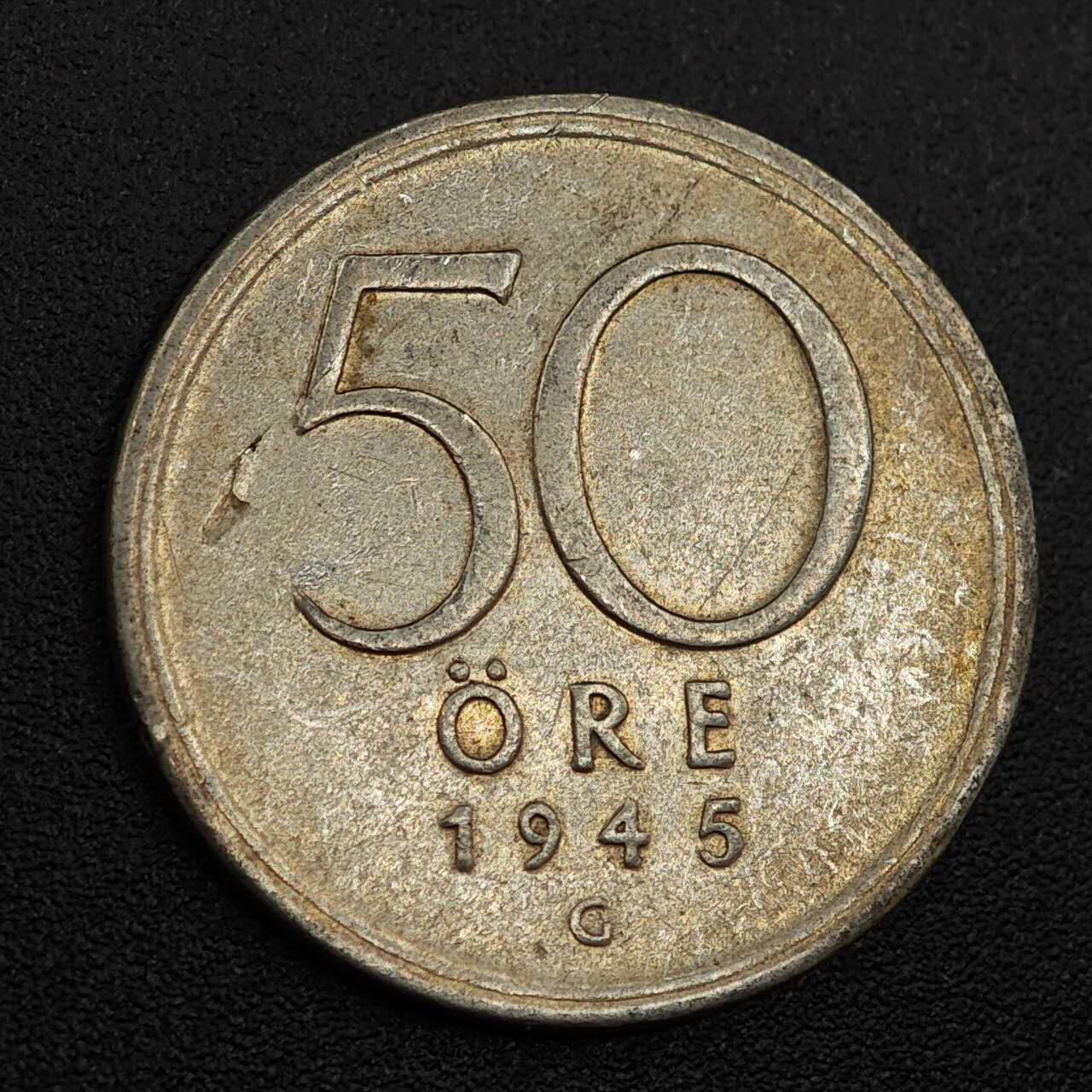 【淘币小摊】实时拍第八百零一拍   散币场   满百包邮可预留二周 每周一统一发货   瑞典1945年50欧尔银币