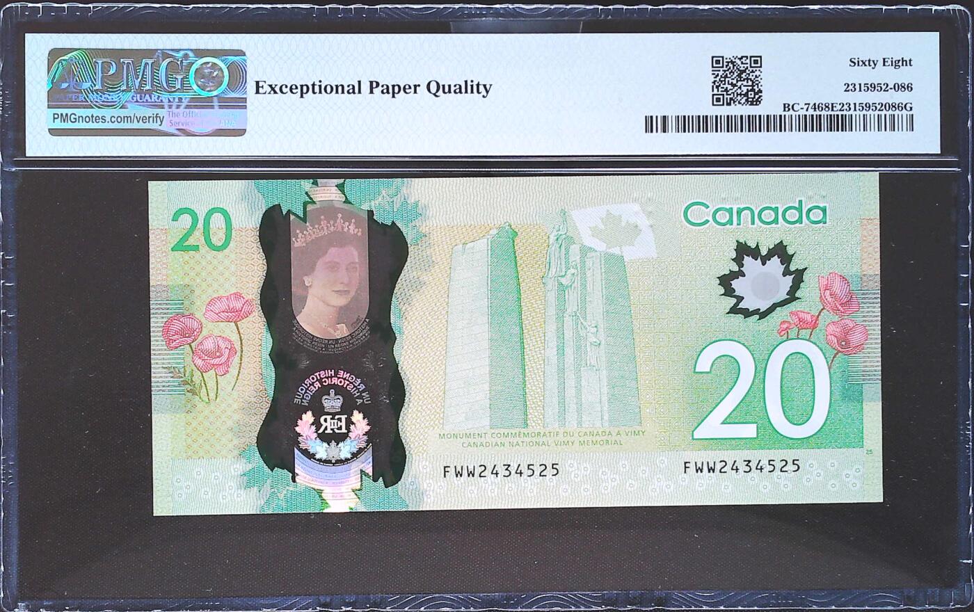 世界靓号纸钞第七十八期 2015年加拿大20元纪念钞 非常稀少FWW 末冠 PMG68 超高分