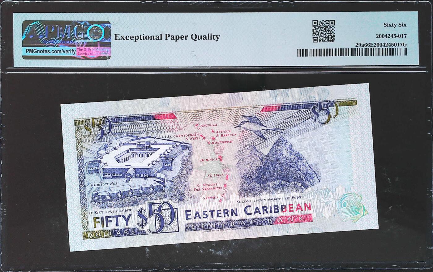 世界靓号纸钞第七十八期 1993年东加勒比50元 早期女王 稀少首发AA冠 全程无47 PMG66