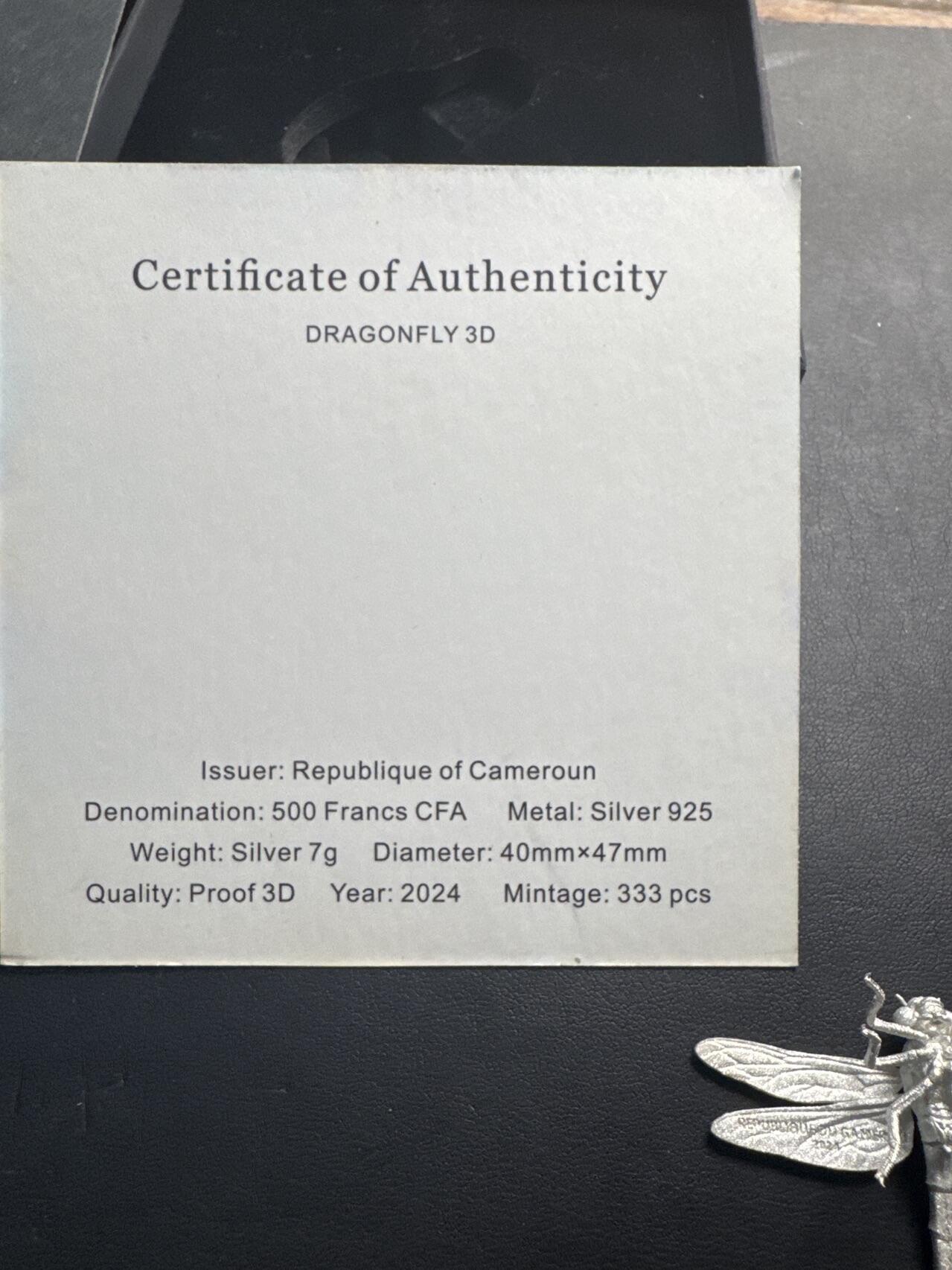 ❤️【币观天下】❤️ 第331期钱币拍卖- 2025.11.21周五晚上6点半场-长期征集拍品 喀麦隆2024年立体动物系列银币蜻蜓发行量333枚