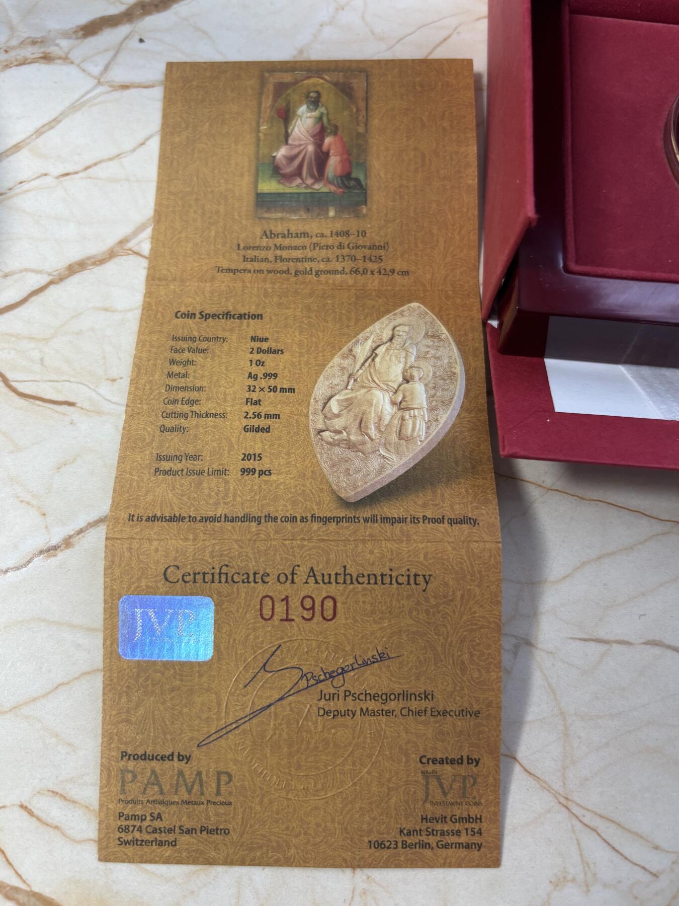 第182期拍卖 纽埃2015年遗产系列亚伯拉罕1盎司彩色异形银币，999银，发行999枚