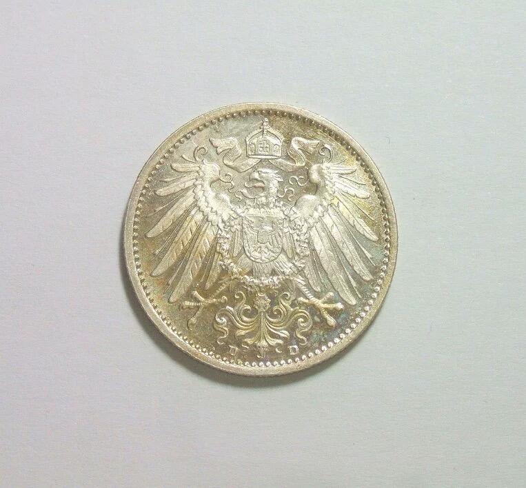 【银】德国一战1915年D版1马克银币 精制PROOF版 黄金五彩 极其稀少