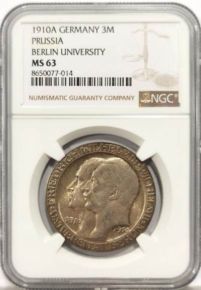 博洋堂世界钱币拍卖第147期（全场包邮） - NGC MS63 德国普鲁士1910年柏林大学纪念3马克银币