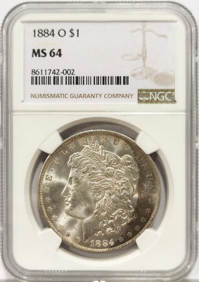 博洋堂世界钱币拍卖第147期（全场包邮） - NGC MS64 美国1884年摩根银币O版，原汁原味老包浆，原封拆卷，正面月牙彩，背面银光闪闪，状态一流。