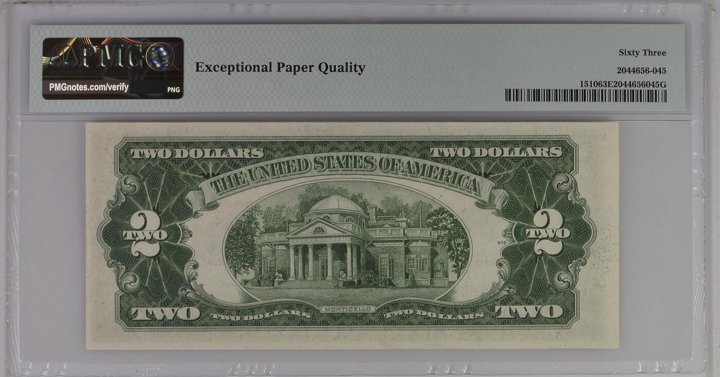 PMG美元专场 AA首发冠A58595722A(大斜切）2美元红库印战争券Legal Tender Note, $2 1953A Small Size