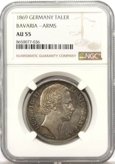 博洋堂世界钱币拍卖第147期（全场包邮） - NGC AU55 德国巴伐利亚1869年路德维希二世双狮1泰勒 背面磨损少 包浆自然
