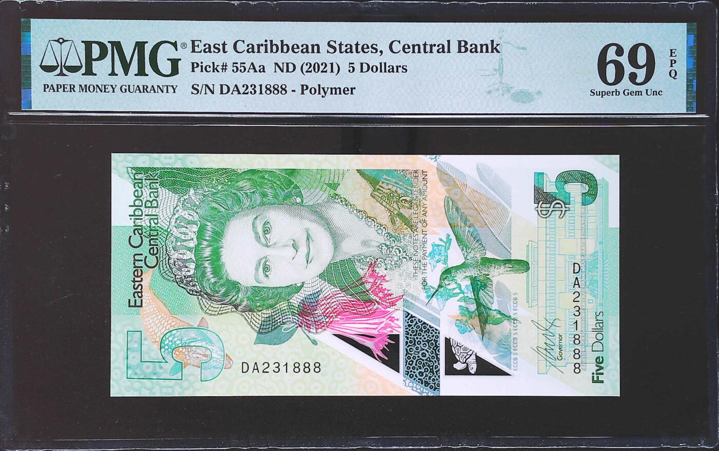 世界靓号纸钞第七十八期 2021年东加勒比5元 全程无47 豹子号888 PMG69 超高分 亚军分 女王钞