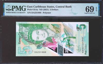 世界靓号纸钞第七十八期 - 2021年东加勒比5元 全程无47 豹子号888 PMG69 超高分 亚军分 女王钞