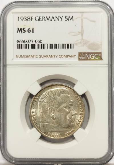 博洋堂世界钱币拍卖第147期（全场包邮） - NGC MS61 德国1938年兴登堡F版5马克银币