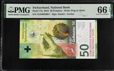【礼羽收藏】🌏世界钱币拍卖第112期 - 【ibns获奖钞】2015瑞士50法郎 首发15A+Jordan签 PMG66 