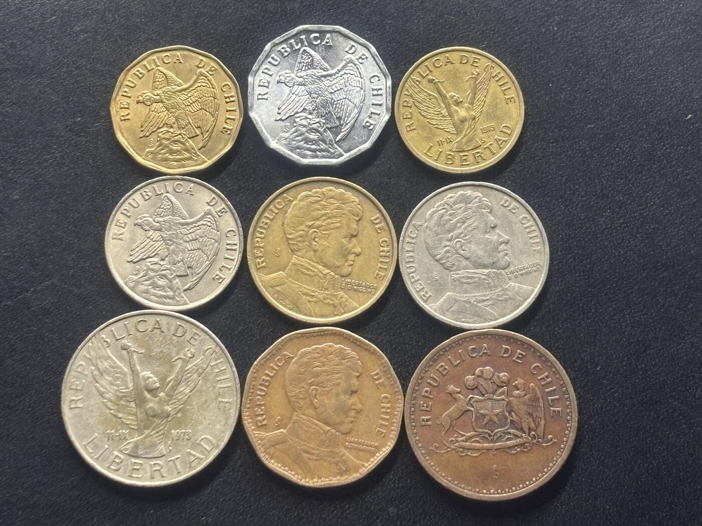 邮泉阁限时拍卖第三十六场 美洲硬币专场（硬币在国外。请付邮费6元。） 智利1970、80年代9枚