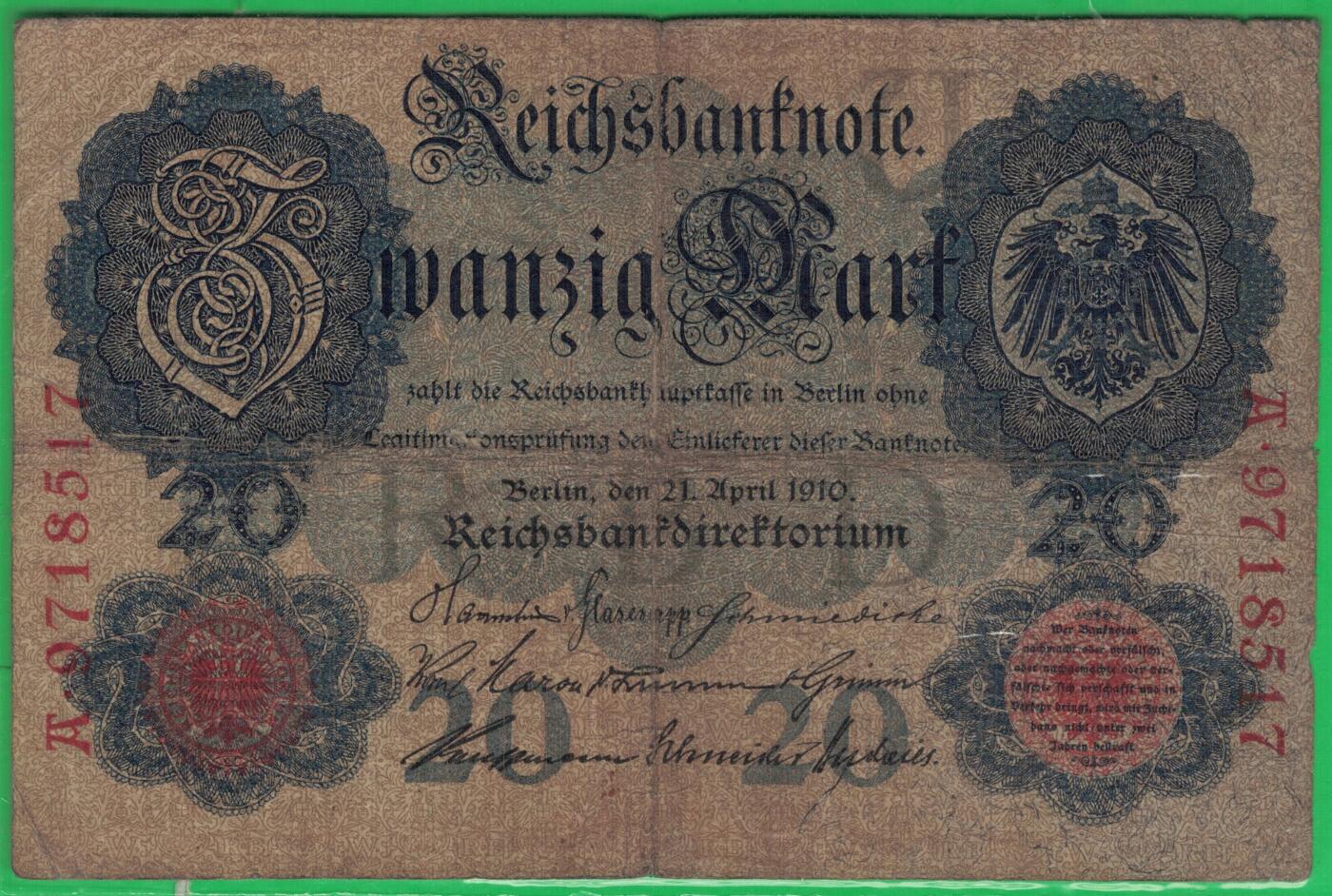德国1910年20马克 P-40b 无水印 加盖字母U 7位号 A冠无4 实物图