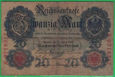 德国1910年20马克 P-40b 无水印 加盖字母U 7位号 A冠无4 实物图 - 德国1910年20马克 P-40b 无水印 加盖字母U 7位号 A冠无4 实物图