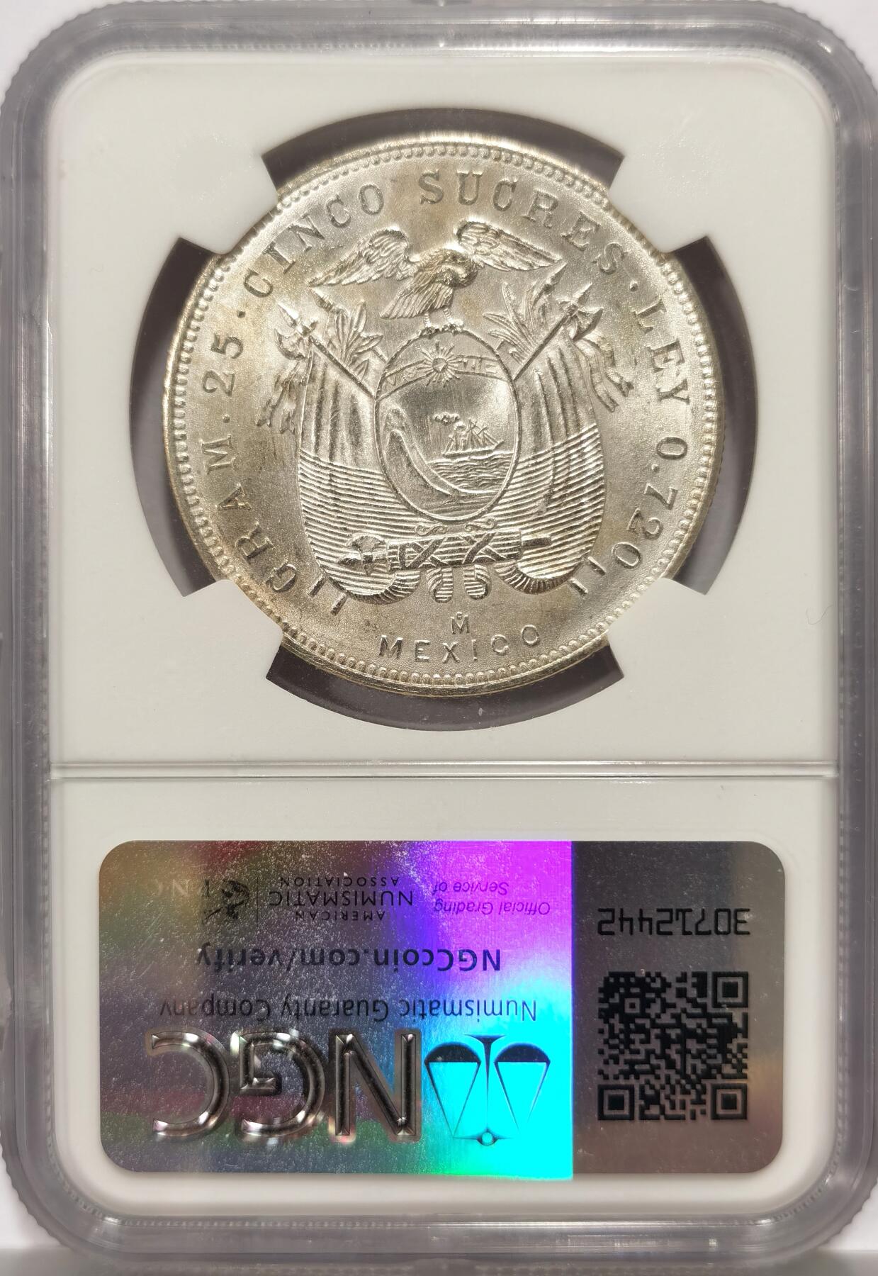 博洋堂世界钱币拍卖第147期（全场包邮） NGC MS62 厄瓜多尔1943年5苏克雷银币，墨西哥铸造，较少见的年份，币面清爽干净又漂亮，转光强烈细节优秀，状态极佳。