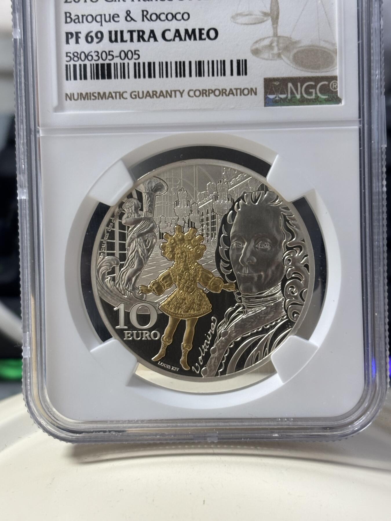 第182期拍卖 法国2018年欧洲之星巴洛克和洛可可精制镀金银币NGC-PF69无盒无证书，900银，22.2克，发行10000枚