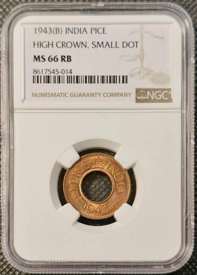 甄臻铺-世界币章拍卖（第40期）送拍享返佣金等优惠多多 - NGC-MS66RD 1943年印度乔治六世1沙派，铜光圆润
