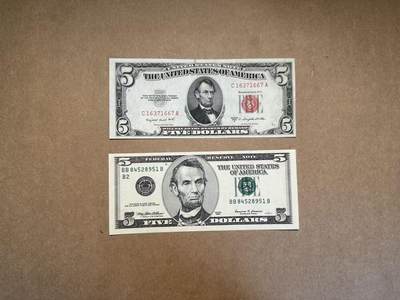 【礼羽收藏】🌏世界钱币拍卖第112期 - 1953年B版美国政府券红库券C16371667A＆1999年美国黑白大头5元BB84528951B，UNC，品相如图