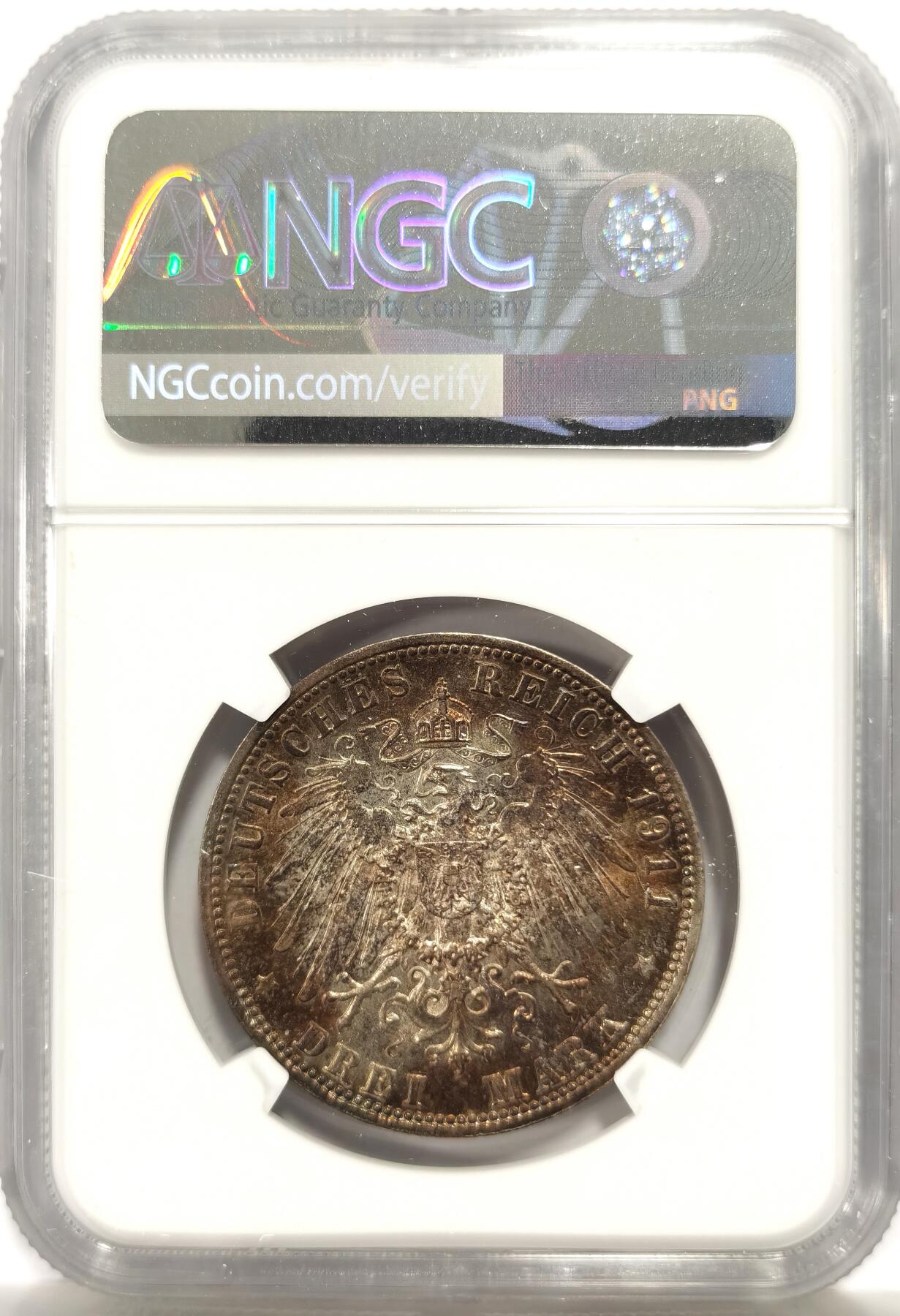博洋堂世界钱币拍卖第147期（全场包邮） NGC MS62 德国巴伐利亚1911年柳特波德3马克银币