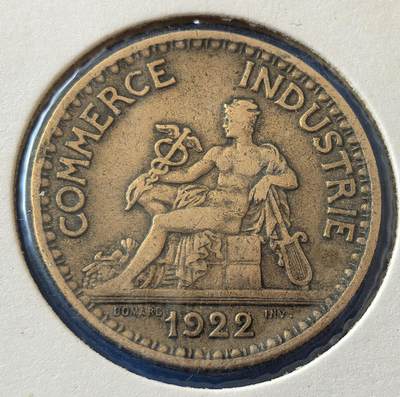 外国优质老铜币银币，周六九点倒数截拍，满百包邮，可寄存半年，喜欢朋友微信扫描二维码可直接参拍 - 欧洲老藏家纸夹-法国1922年商务部版2法郎铜币