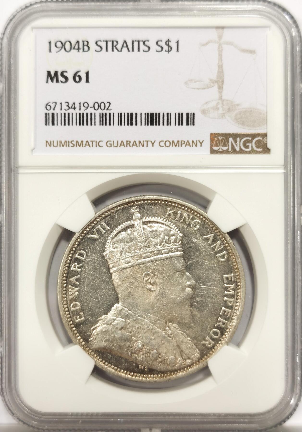 博洋堂世界钱币拍卖第147期（全场包邮） NGC MS61 海峡殖民地1904年爱德华七世壹圆银币，类镜面底板，细节非常好