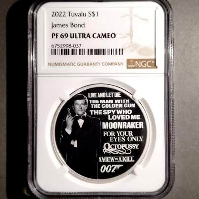 长老汇蛇年精选第七十六场拍卖 2022图瓦卢彩色精制纪念银币  007系列，詹姆斯•邦德扮演者罗杰•摩尔，1盎司9999银，NGC PF69UC，亚军分，同分1枚，更高分3枚 量5000