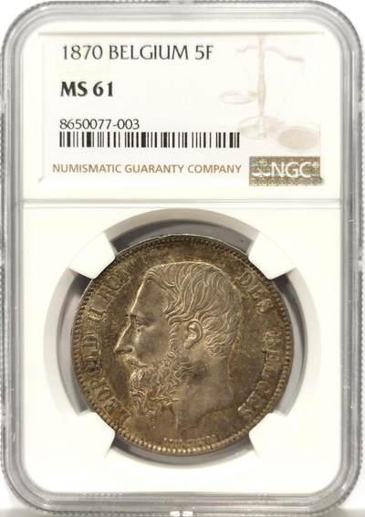 博洋堂世界钱币拍卖第147期（全场包邮） - NGC MS61 比利时1870年利奥波德二世5法郎银币