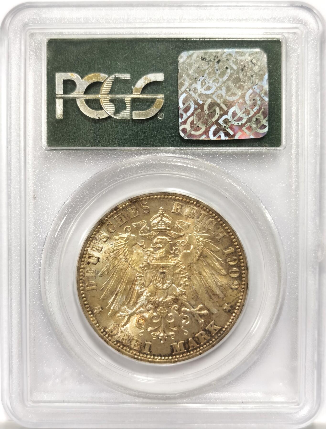 博洋堂世界钱币拍卖第147期（全场包邮） PCGS MS66 德国吕贝克1909年3马克银币 原味淡金彩洒落丝绸转光币面上 老绿盒收藏品质，越来越贵的品种，少见