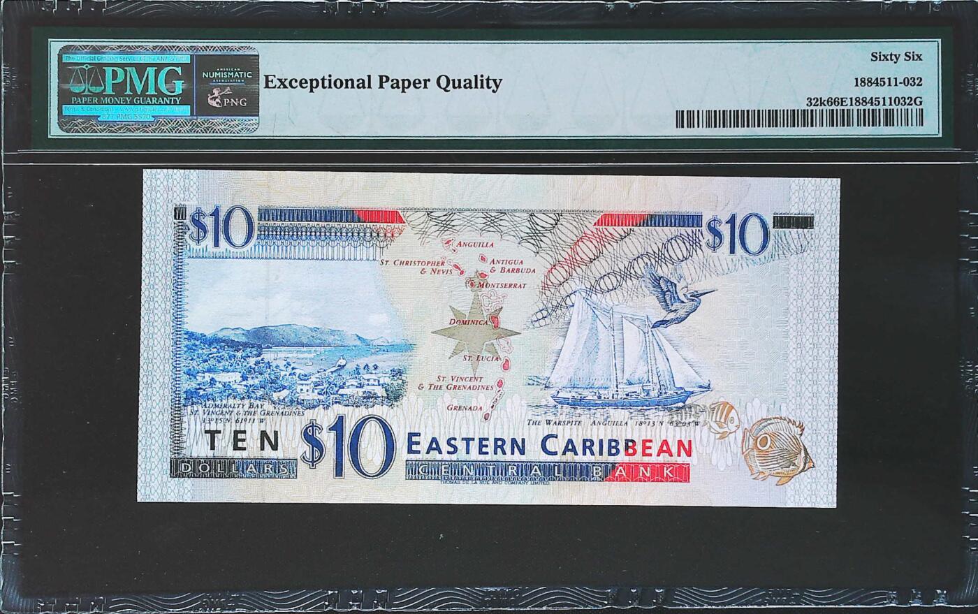 世界靓号纸钞第七十八期 1994年东加勒比10元 早期女王 全程无4 PMG66