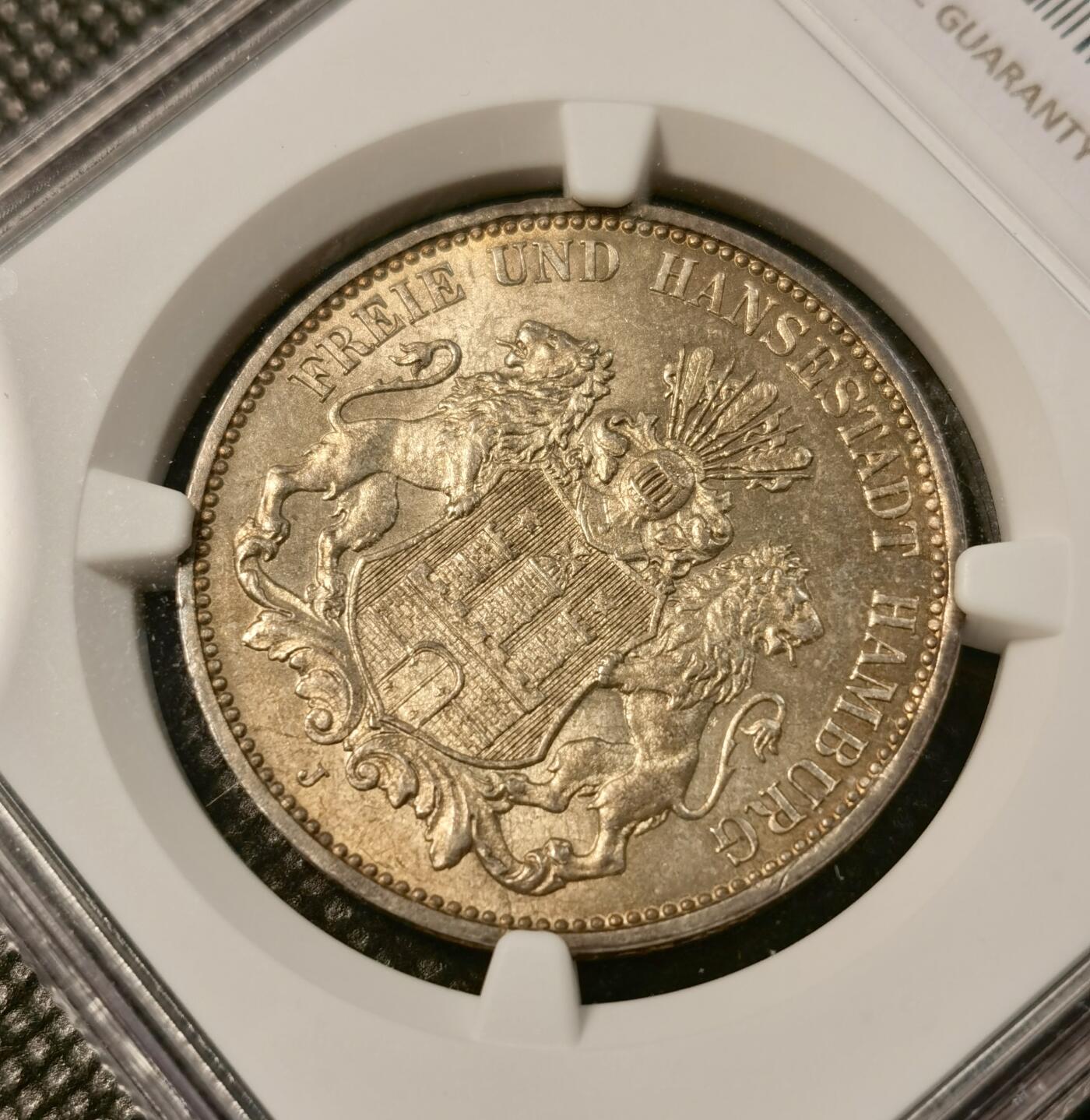 甄臻铺-世界币章拍卖（第40期）送拍享返佣金等优惠多多 NGC-MS64 德国1911年汉堡自由市3马克银币 黄油转光 价格已经水涨船高