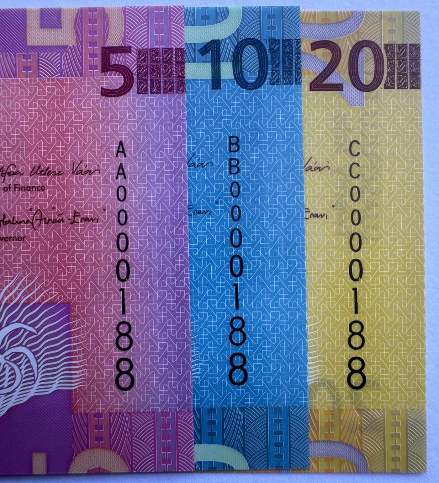 2025第25场（总第225期）：精品测试钞、纪念钞、塑料钞、连体钞综合场 首发百位小号/全同倒置号0000188 萨摩亚2023年版5、10、20塔拉塑料钞一组3枚UNC