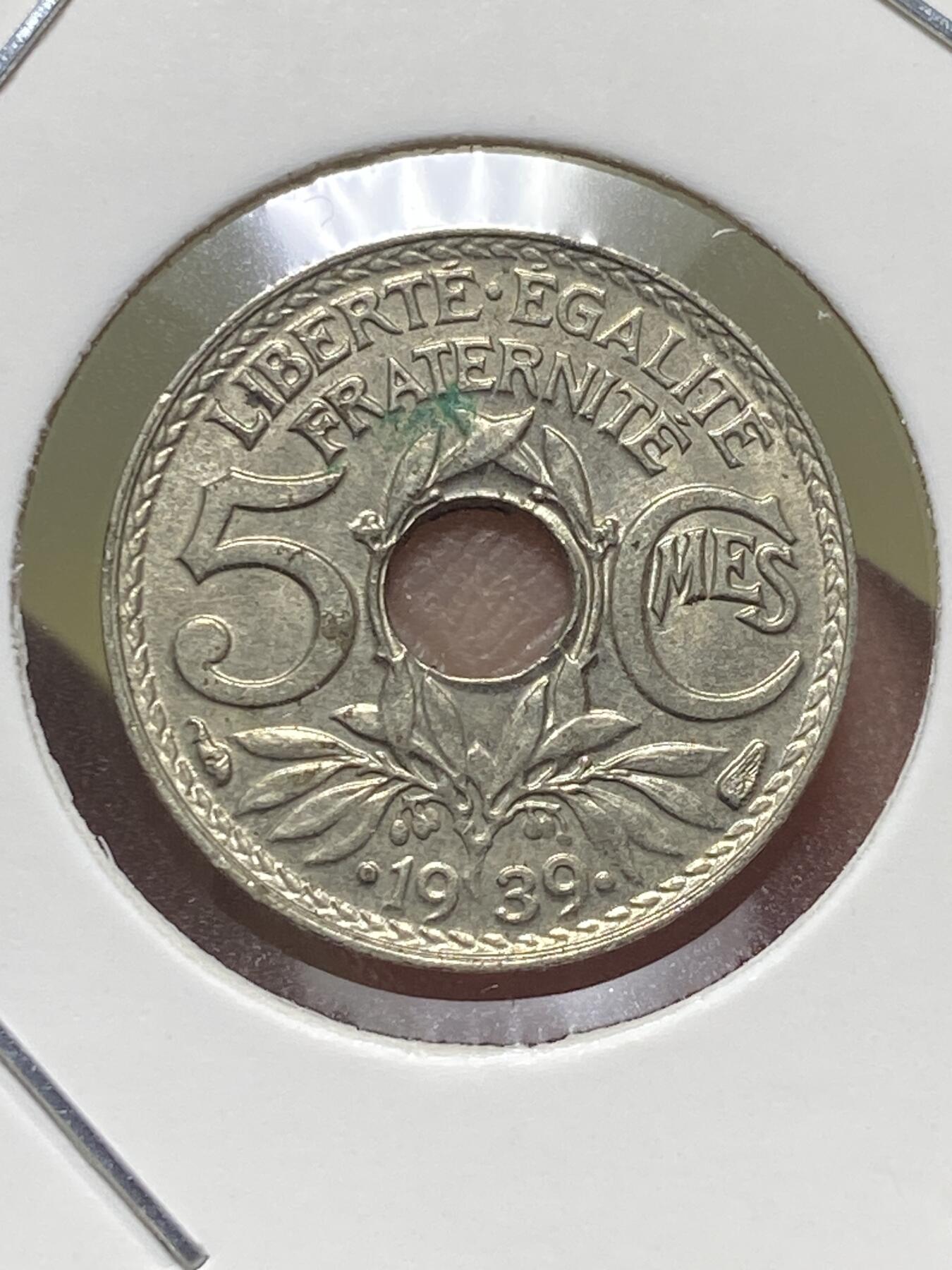 2025年第一百三十一场(总第一百五十七场）外国好品纸夹散币场(免佣金) 法兰西第三共和国1939年5生丁(第四版，年份两边带点版，关门年仅发行2年)