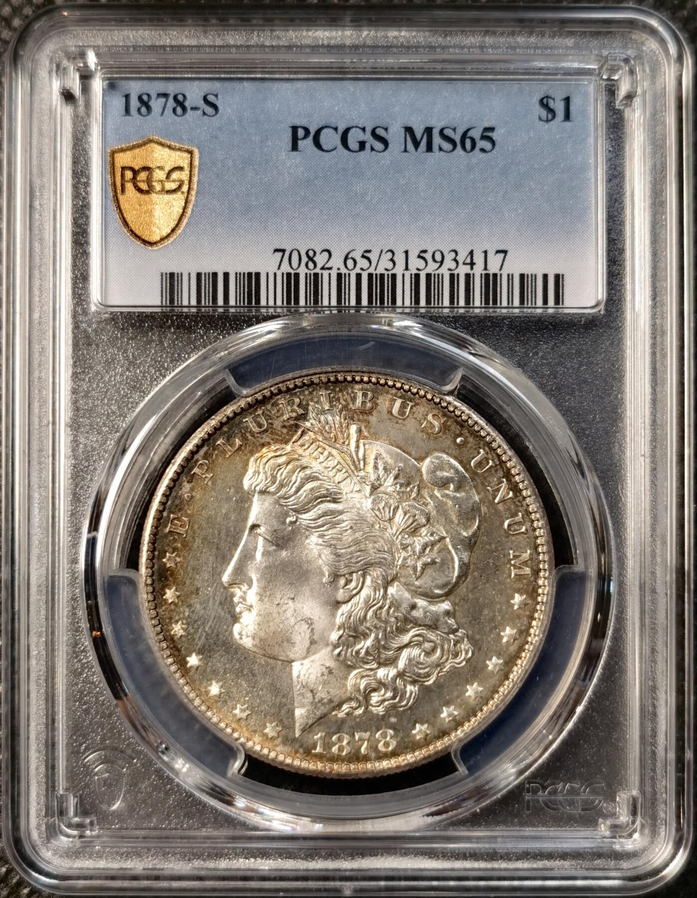 甄臻铺-世界币章拍卖（第40期）送拍享返佣金等优惠多多 PCGS-MS65 美国 1878年S 摩根$1银币 首发年 麦稀奇公开拍卖最高分 两面金色均匀包浆 PL效果极强 收藏级品相