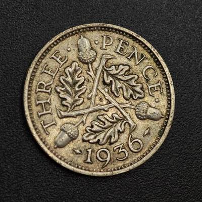 【淘币小摊】实时拍第八百零一拍   散币场   满百包邮可预留二周 每周一统一发货   - 英国1936年乔治五世3便士银币