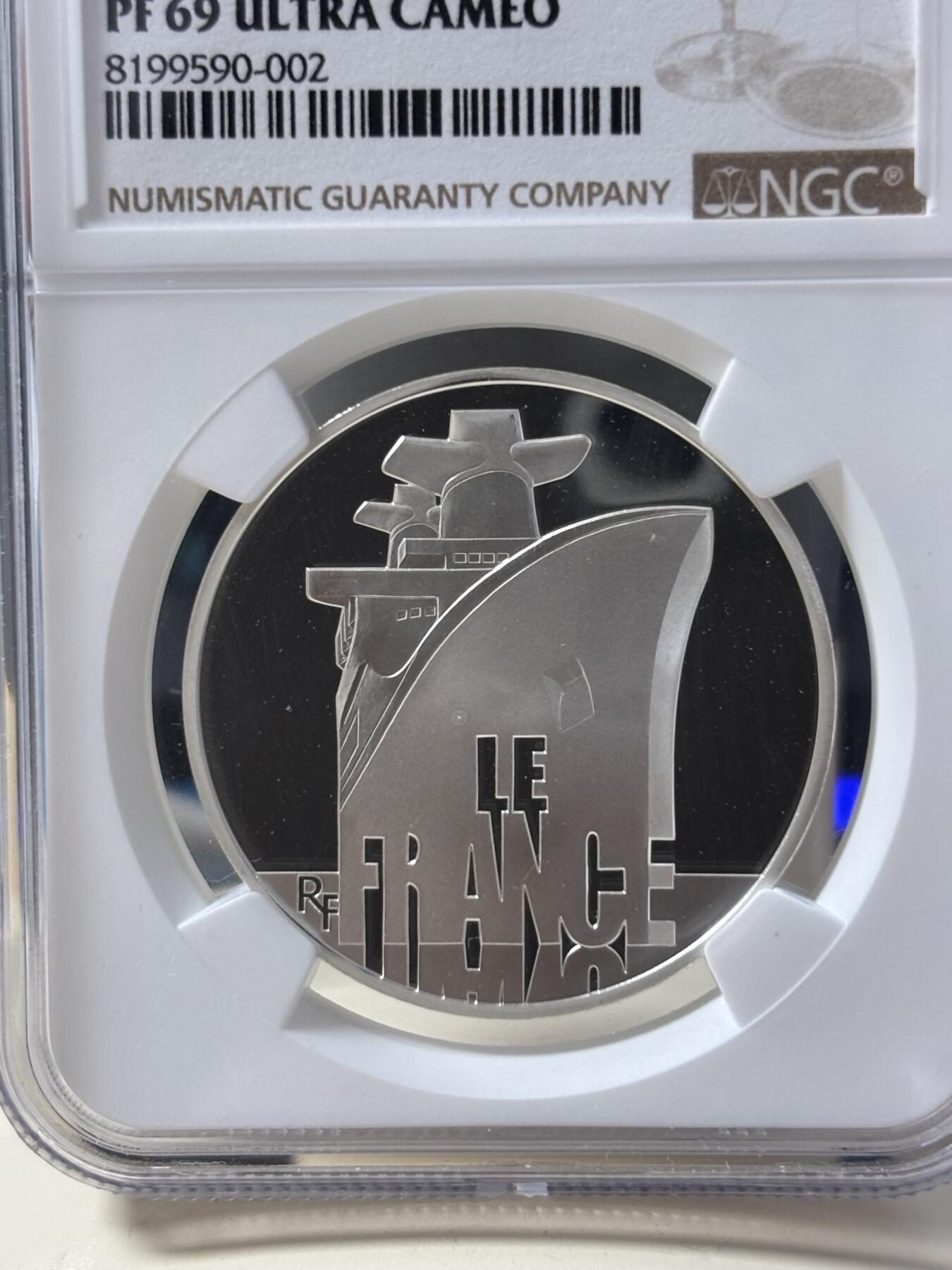 第182期拍卖 获奖法国2012年伟大船舶法兰西号邮轮银币NGC-PF69无盒无证书，900银，22.2克，发行10000枚，获年度最佳银币