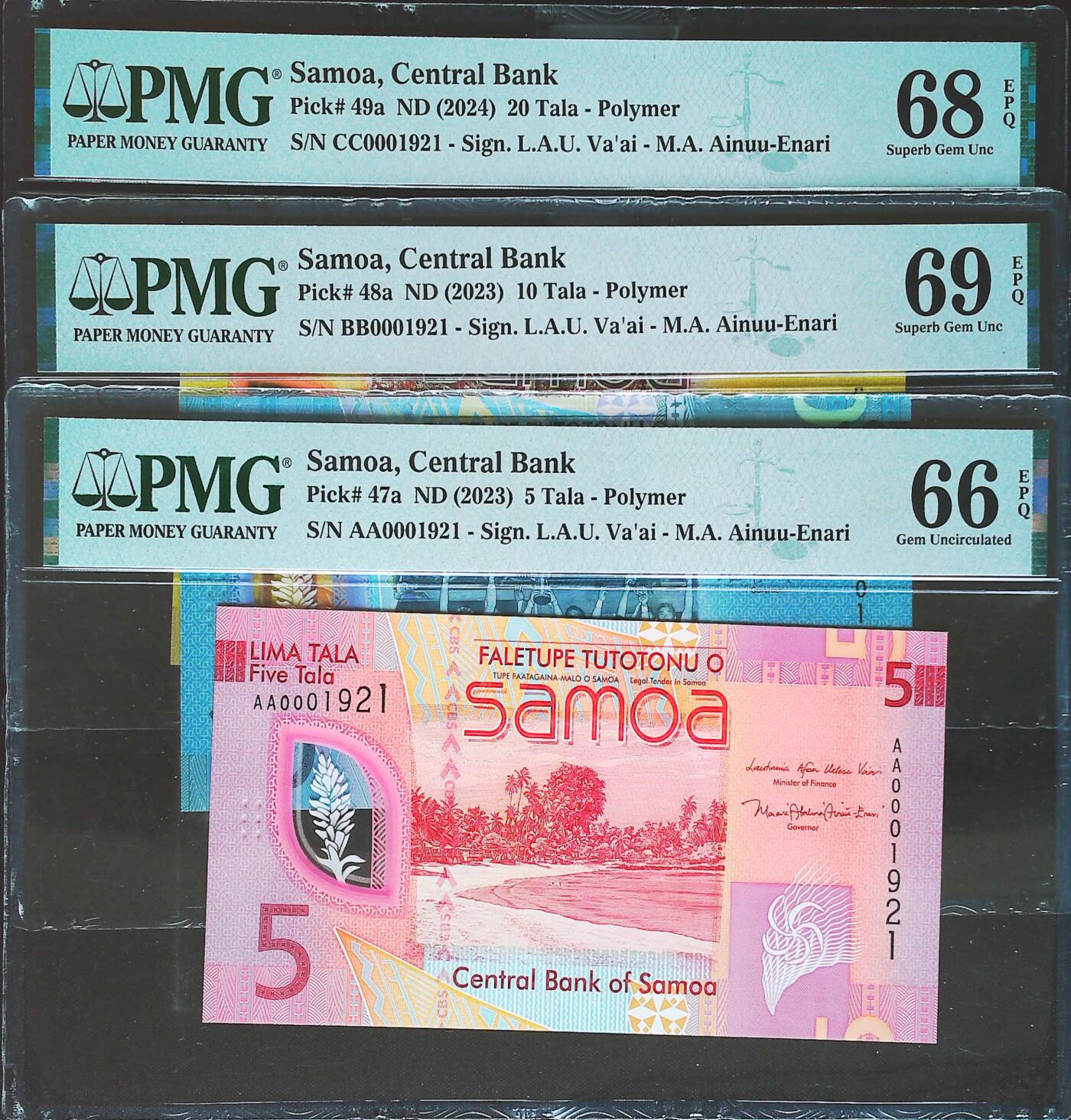 世界靓号纸钞第七十八期 2024年萨摩亚5-10-20塔拉 三张全同号1921号 PMG66-68-69