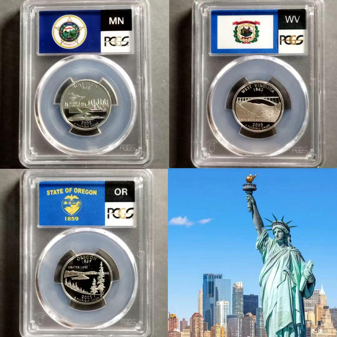 长老汇蛇年精选第七十六场拍卖 2005美国明尼苏达州，西弗吉尼亚州，俄勒冈州25分精制州币银币3枚，PCGS 69，同分，带州旗帜特殊壳子