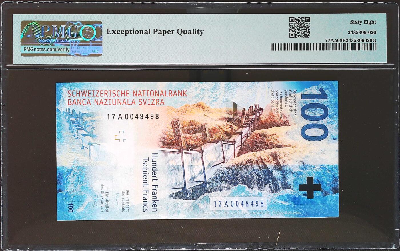 世界靓号纸钞第七十八期 2017年瑞士100法郎 非常稀少 17A首发冠 PMG68 冠军分 17A首发冠可遇不可求
