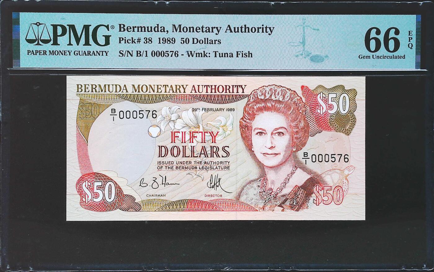 世界靓号纸钞第七十八期 1989年百慕大50元 B1首发冠 百位号576号 PMG66 