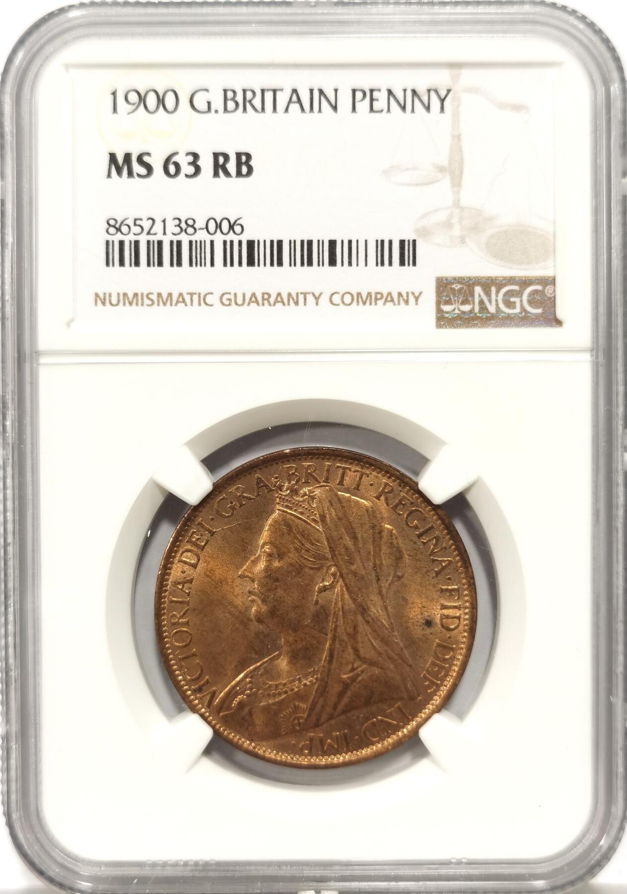 博洋堂世界钱币拍卖第147期（全场包邮） NGC MS63RB 英国1900年维多利亚披纱1便士 铜光很好