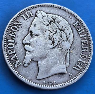 外国优质老铜币银币，周六九点倒数截拍，满百包邮，可寄存半年，喜欢朋友微信扫描二维码可直接参拍 - 法国拿破仑国王1870年5法郎大银币