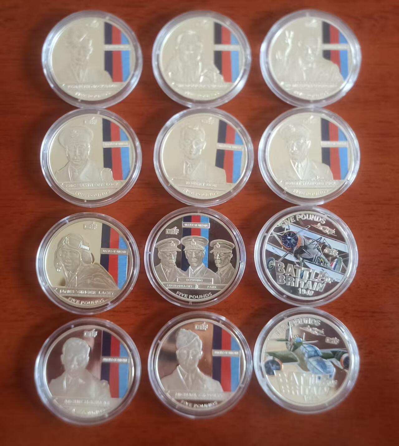 ❤️【币观天下】❤️ 第331期钱币拍卖- 2025.11.21周五晚上6点半场-长期征集拍品 根西、泽西不列颠空战纪念克朗银币12枚 包含10枚人物和两枚飞机彩色克朗大银币 人物包括丘吉尔、道丁、以及巴德爵士在内的王牌飞行员。飞机为格洛斯特斗士和布伦斯特战机 飞机欠证书一张