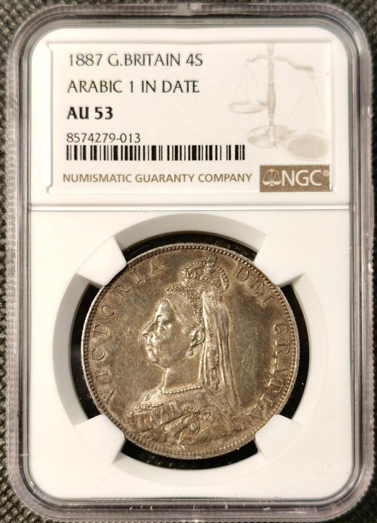 甄臻铺-世界币章拍卖（第40期）送拍享返佣金等优惠多多 NGC-AU53 英国1887年维多利亚女王高冠双弗洛林4先令大银币 深彩包浆 感觉低评了