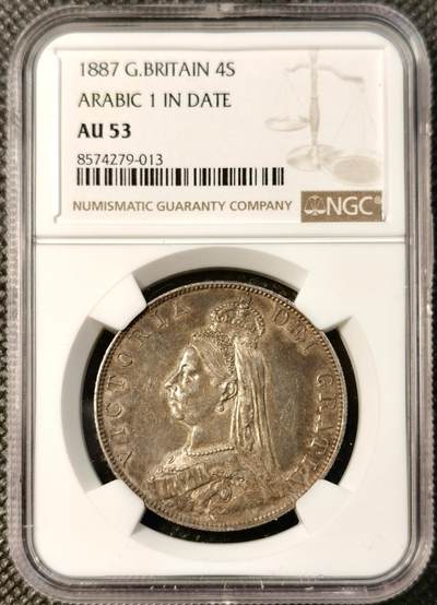 甄臻铺-世界币章拍卖（第40期）送拍享返佣金等优惠多多 - NGC-AU53 英国1887年维多利亚女王高冠双弗洛林4先令大银币 深彩包浆 感觉低评了