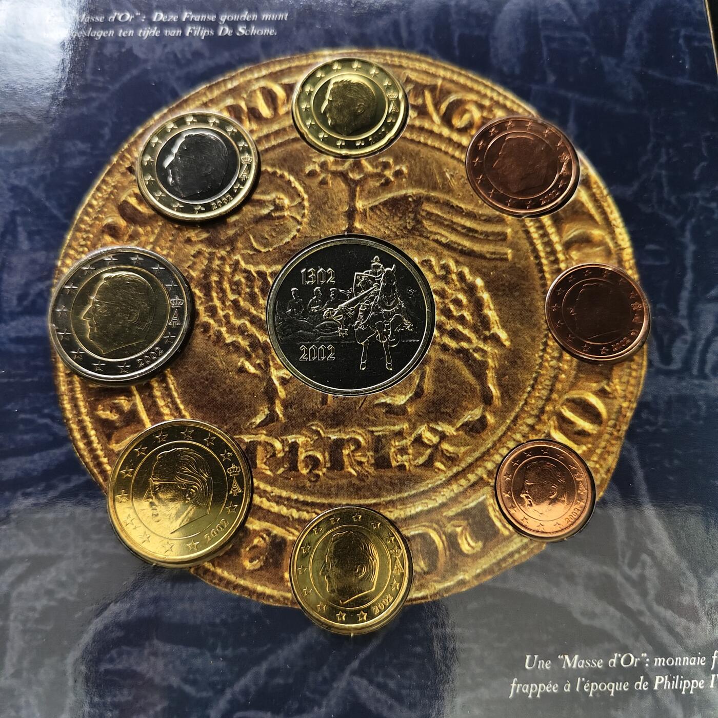 【全场包邮】纯粹捡漏拍479场（免费代拍第16场） 比利时2002年欧元首发金马刺战役700周年纪念主题官方套币-含纪念章